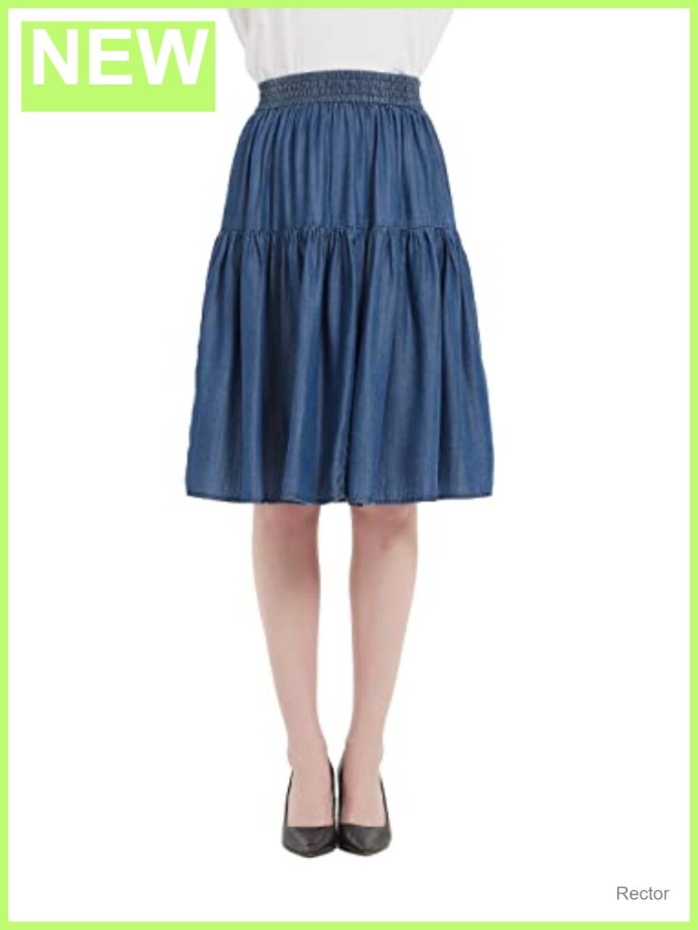 Tencel Denim Tiered A-Line Knee Length Skirt Elastic Waist Casual
